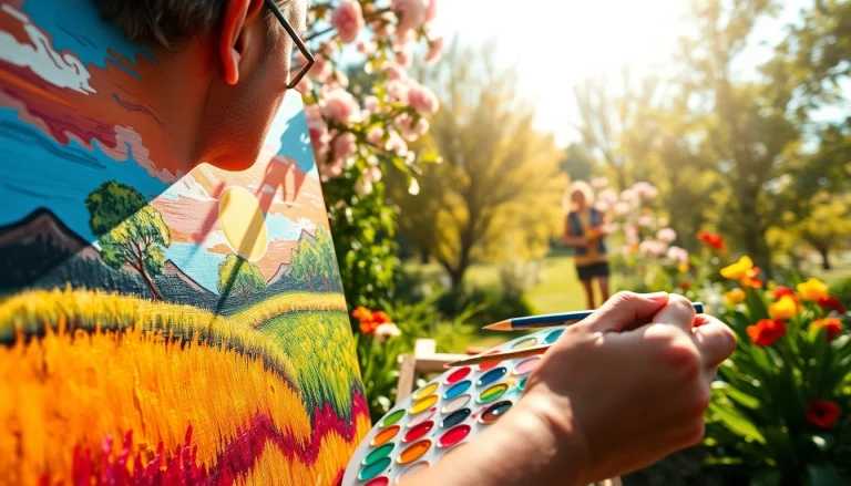 Artist creating a vibrant painting of a sunlit landscape in a tranquil garden.