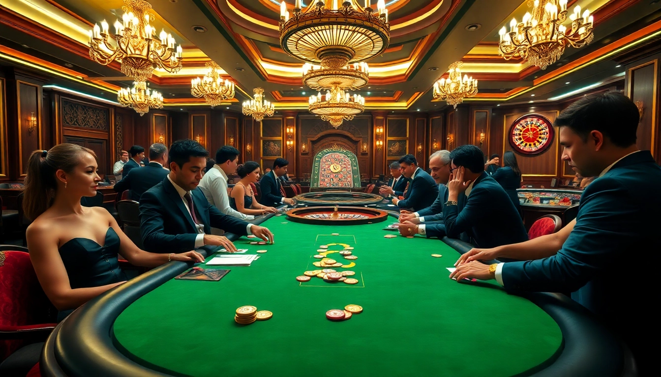 Experience thrilling games at https://j88.gives/, featuring a vibrant casino atmosphere with poker tables and roulette wheels.