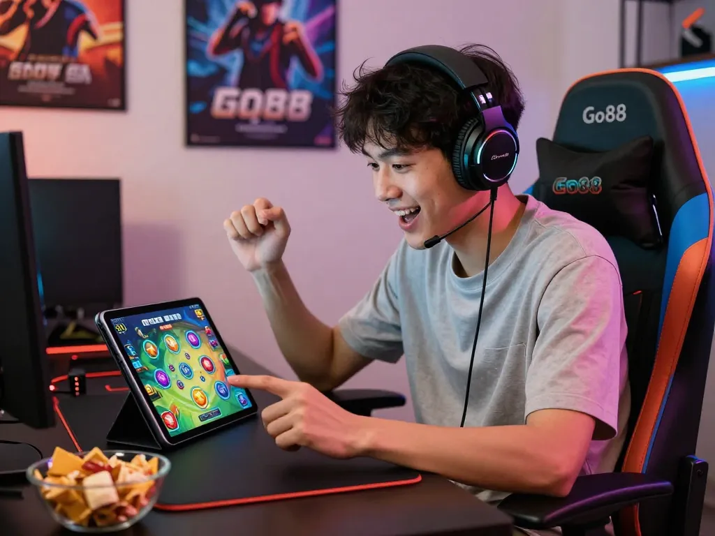 Engaging scene of a player Chơi game go88 online on a tablet, surrounded by gaming accessories in a vibrant, modern space.