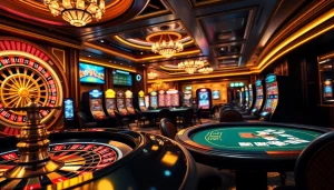 Casino en ligne présentant des visuels de jeu vibrants avec des roues de roulette et des jetons de poker.