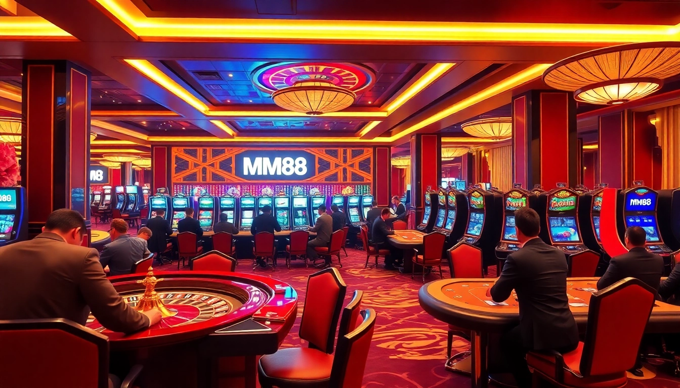 Players enjoying a thrilling game at MM88 casino with vibrant roulette and slot machines.