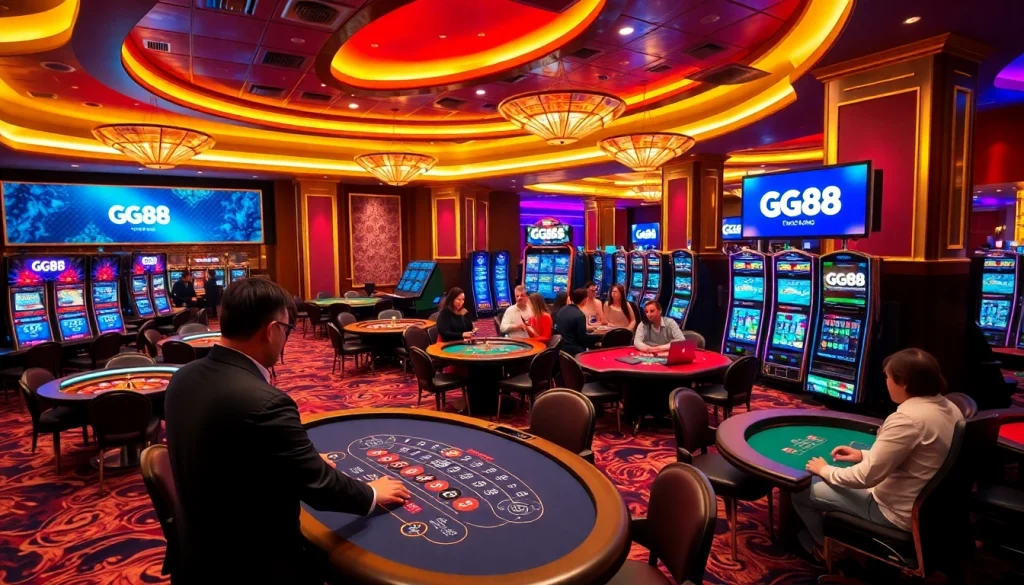 Players enjoying a thrilling game at GG88 casino with vibrant tables and joyful atmosphere.