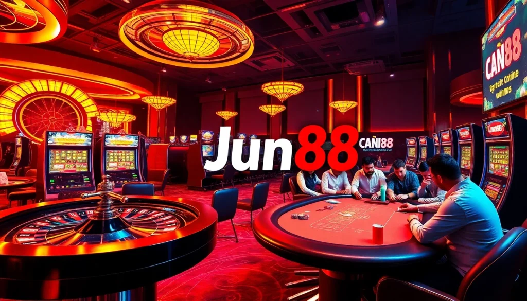 Experience the excitement of Jun88 with vibrant casino visuals showcasing roulette, poker, and slot games.