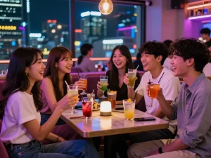 在강남쩜오夜生活中体验热烈的氛围，朋友们在充满活力的江南环境中享用鸡尾酒。