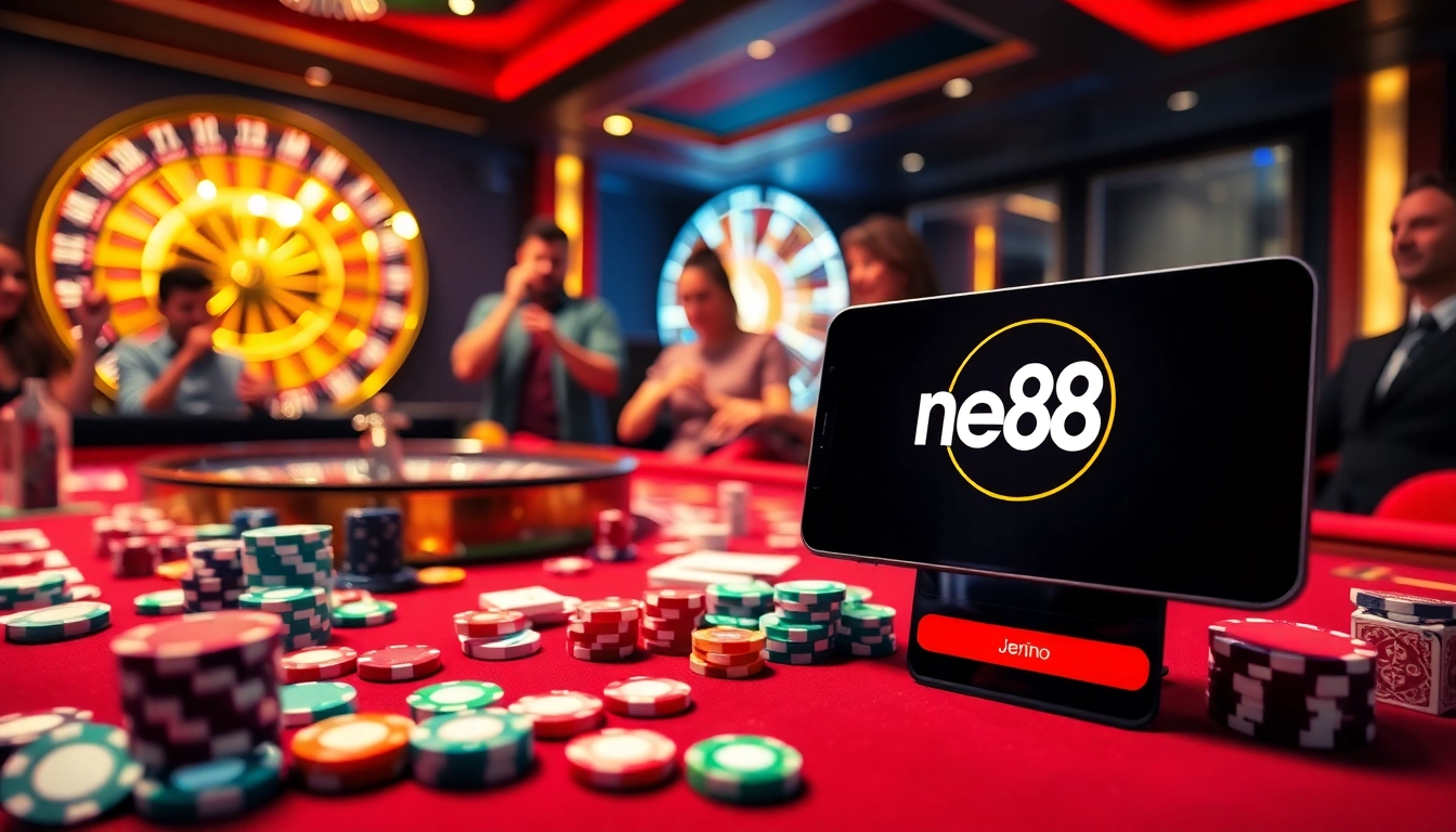 Exciting gambling scene with players at the new88 casino table enjoying poker and roulette.