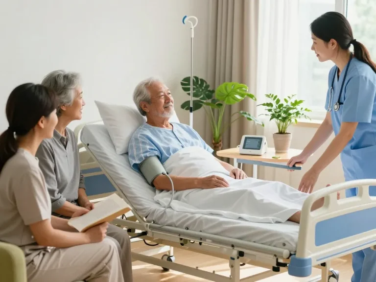 Comfortable giường bệnh nhân in a supportive home healthcare environment with family caring for an elderly man.