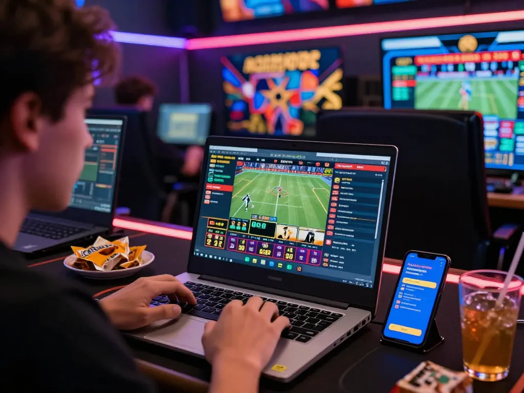 Engaged user betting on https://bong99vn.win/ with sports live-streaming in a vibrant gambling scene.