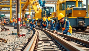 Railroad Track Construction Company team installing tracks on a vibrant worksite.