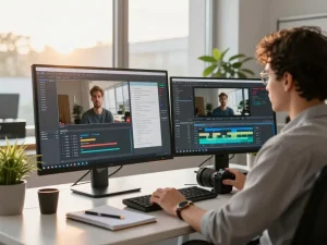 Analyst using software to convert video to prompt in a modern office.