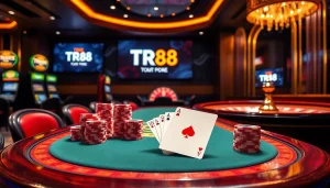 Exciting poker action at TR88 casino showcases vibrant chips and cards.