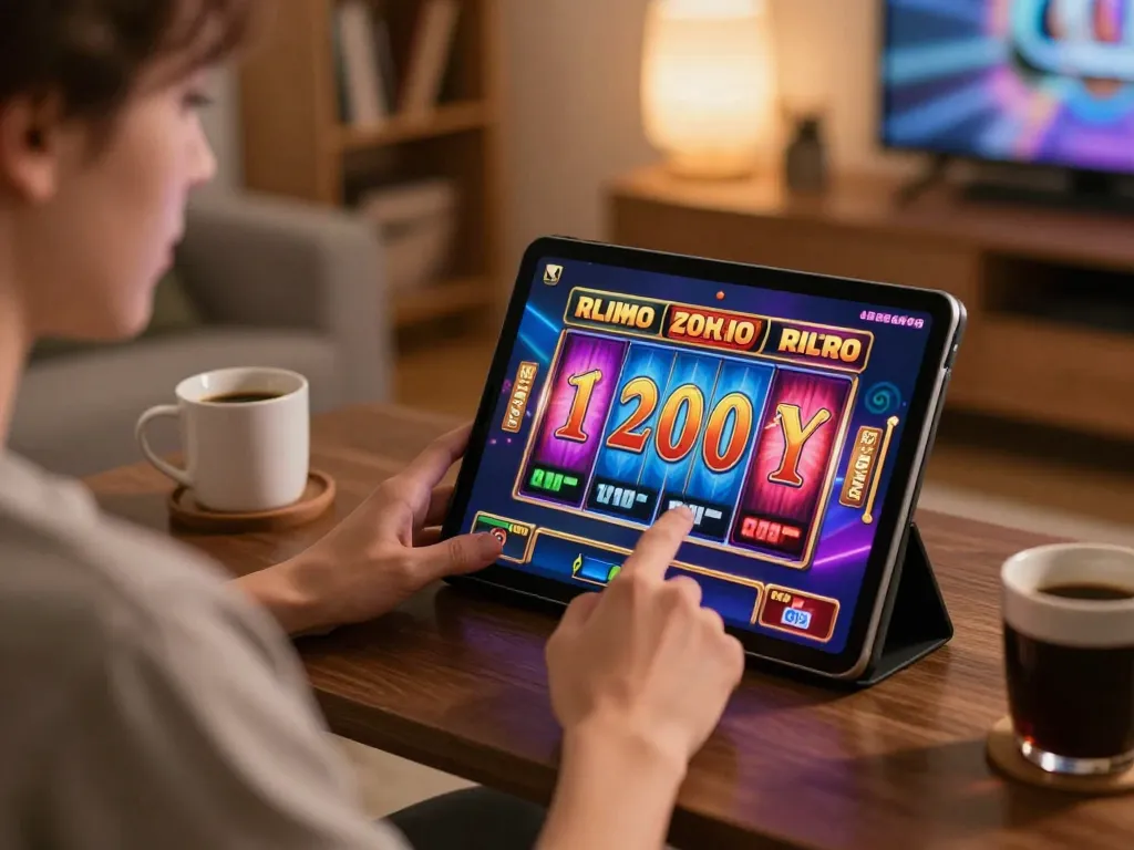 Player engaging in a slot bet 200 game on a tablet, showcasing excitement and strategy.