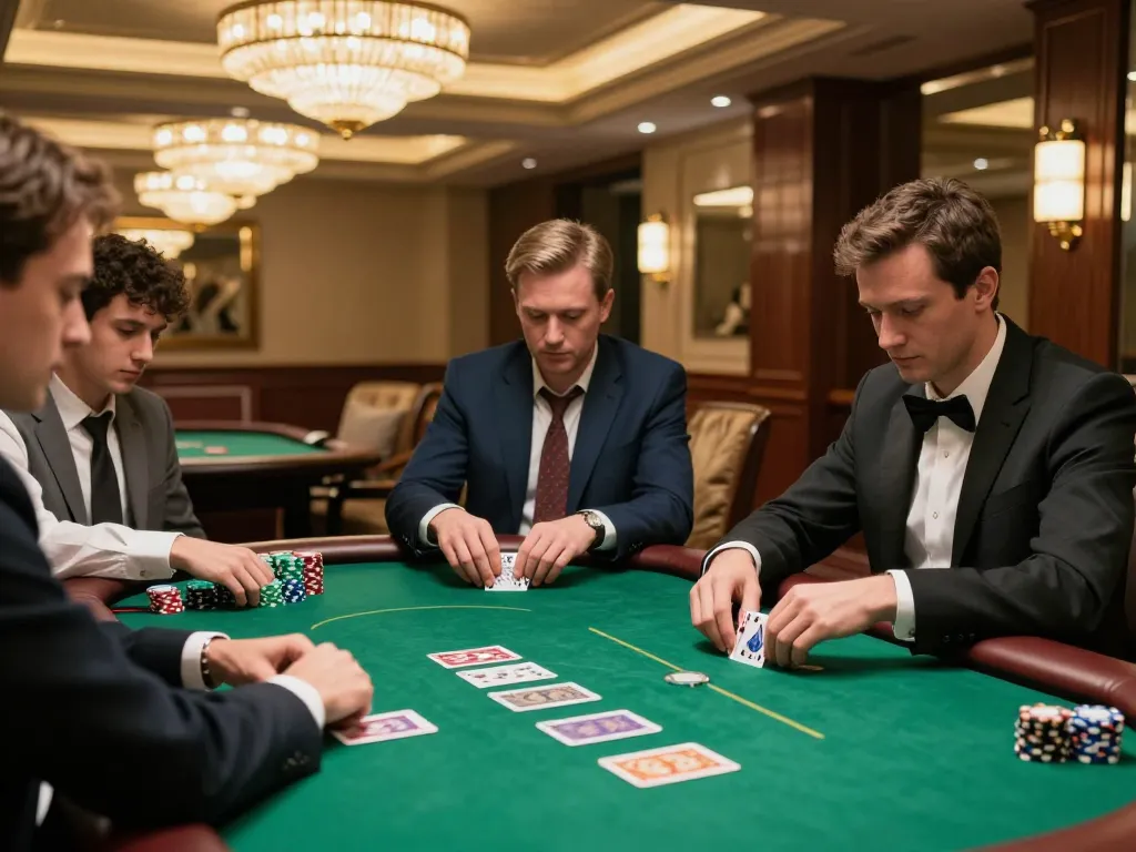 Players engaged in a high-stakes poker game at MM88 casino, showcasing intense concentration and strategic gameplay.