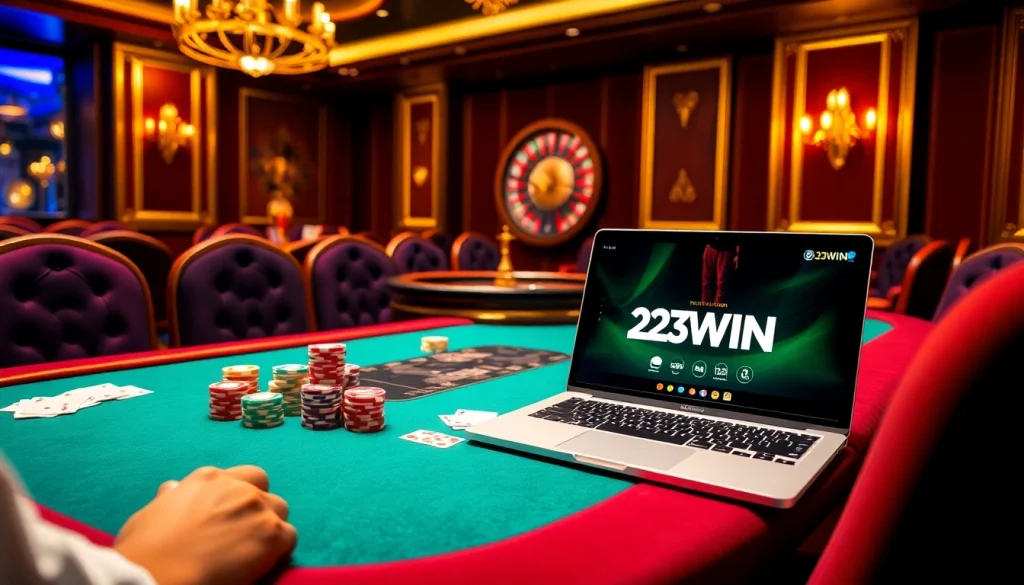 Experience the excitement of 23WIN at a luxurious casino table with vibrant poker chips and roulette.