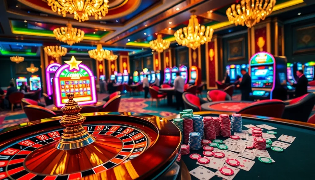 Players celebrating a win at CM 88, surrounded by vibrant slot machines and poker chips.