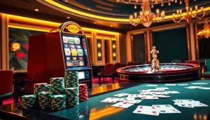 Experience the thrill of idnslot at a luxurious casino with vibrant slot machines and poker chips.