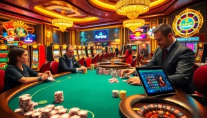 Experience a thrilling game at F168 casino with poker players and vibrant machines.