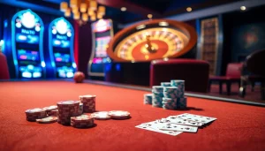 Play high-stakes poker at a luxurious table featured on vb88.boston, showcasing elegant cards and chips.