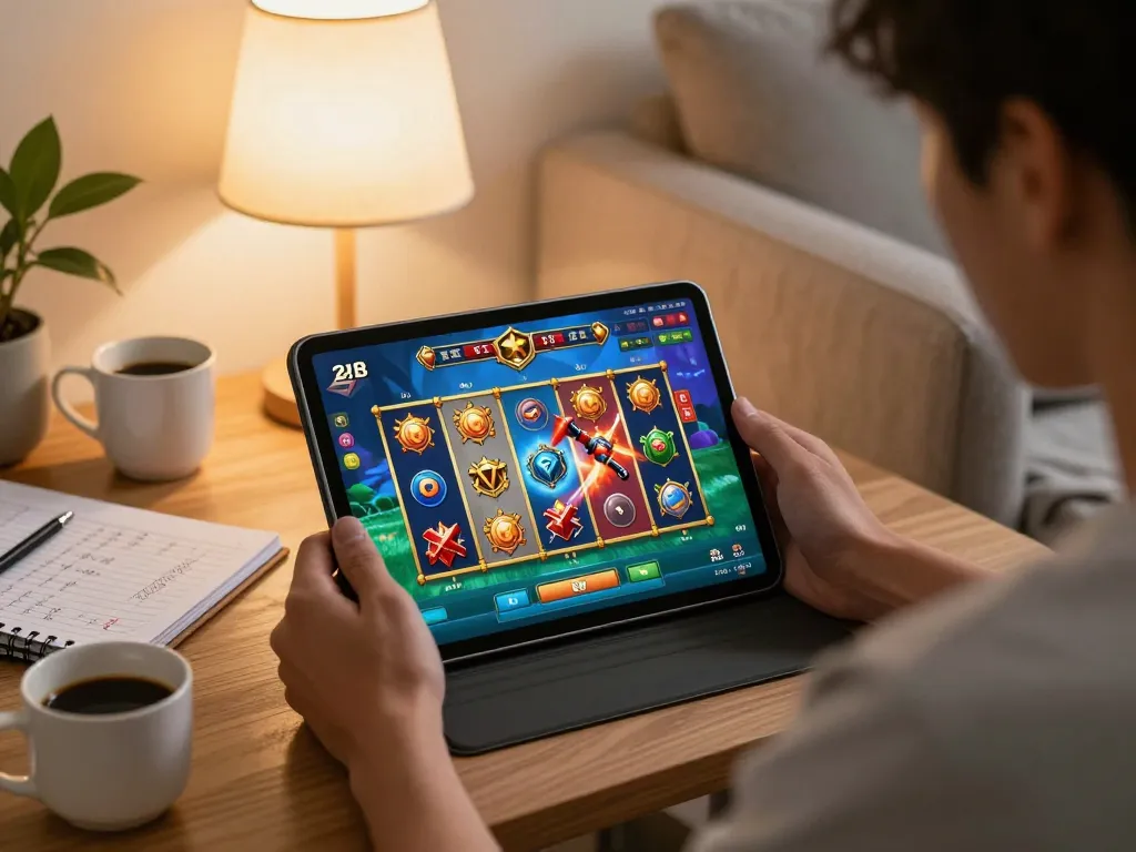 Engage in thrilling slot thailand gameplay on your tablet in a cozy home environment, showcasing strategic betting.