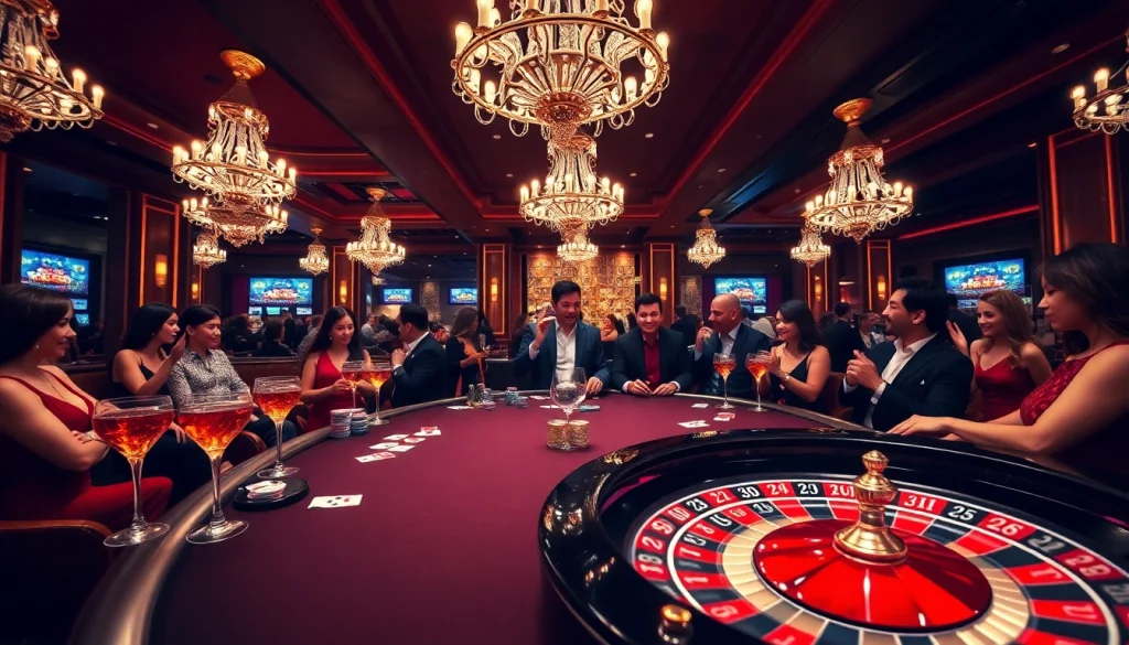 Iwin68 casino scene showcasing poker, roulette, and vibrant ambiance for gamblers