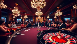 Iwin68 casino scene showcasing poker, roulette, and vibrant ambiance for gamblers
