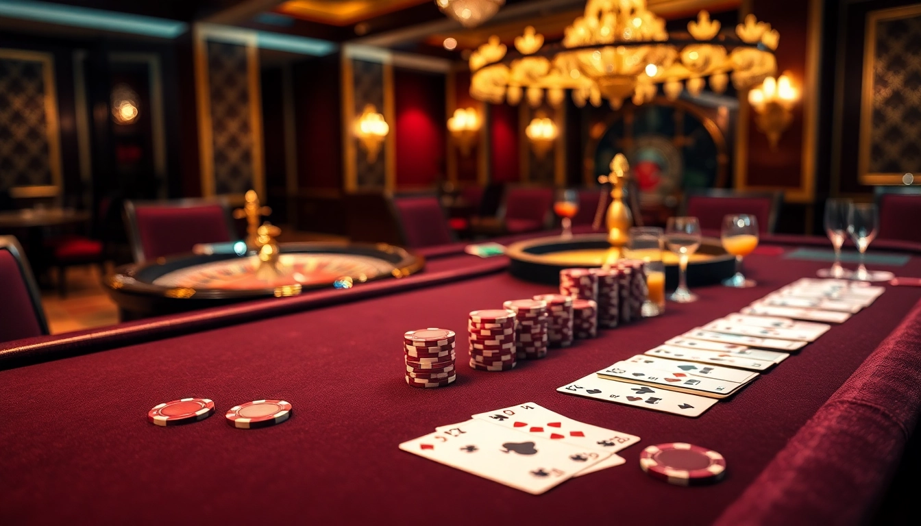 Suasana poker yang mendebarkan dengan chip dan kartu yang berwarna-warni menunjukkan permainan idn poker.