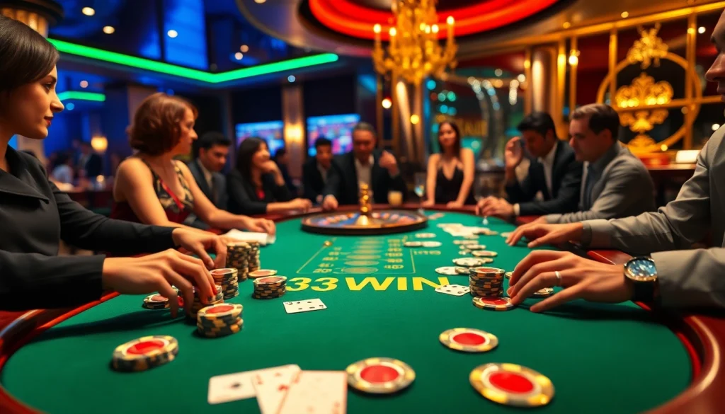 Engage with 33WIN at an exciting poker table filled with chips and eager players.