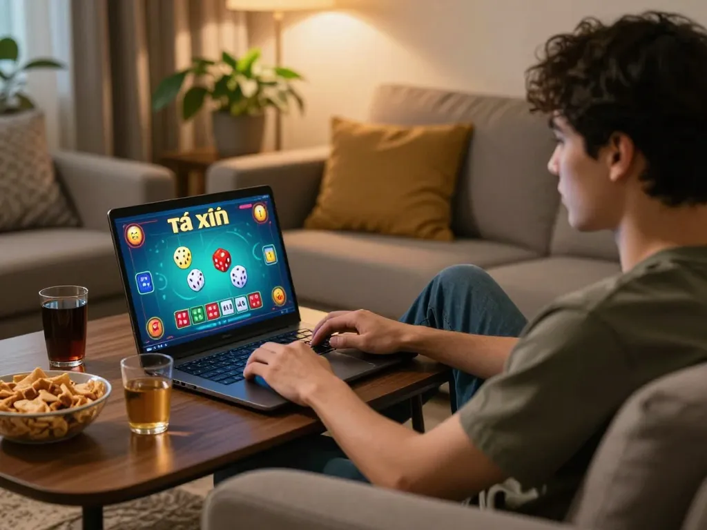 Engaging gameplay of tài xỉu online on a laptop in a cozy home setting, showcasing responsible entertainment.