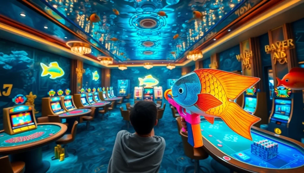 Engaging in bắn cá đổi thưởng at a vibrant underwater-themed casino with animated fish and gaming rewards.