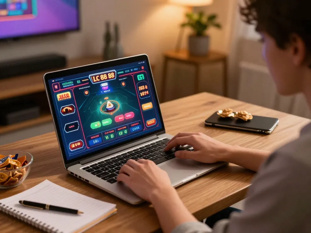 Participant actively engages with LC 88 online casino games on a laptop, showcasing strategic home gaming
