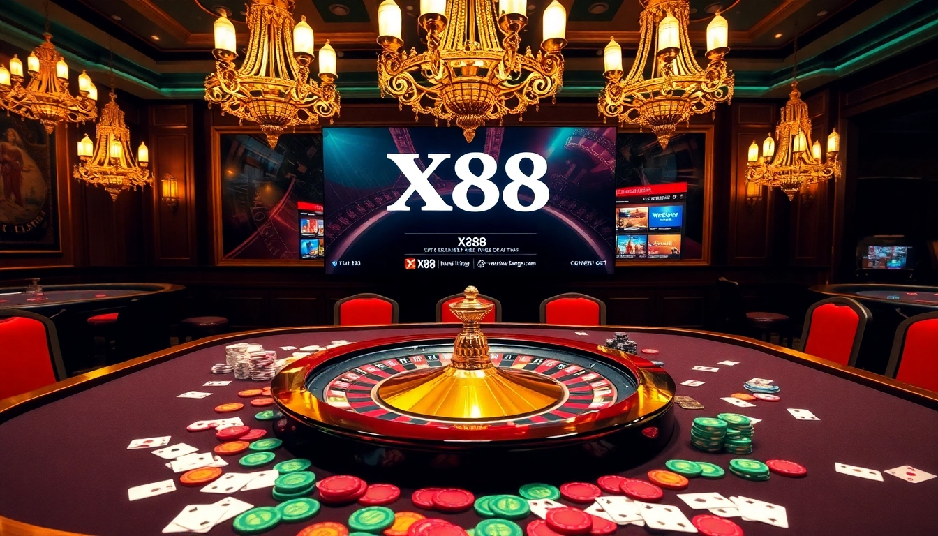 X88 casino players engaging in thrilling games at a vibrant roulette table with colorful chips and cards.