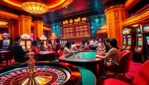 Engaging scene showcasing the excitement of "Kết quả xổ số" in a lively casino setting with roulette and poker.