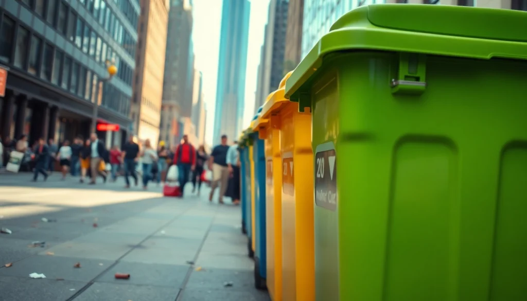 Efficiently placed garbage removal bins facilitate waste management in urban settings.