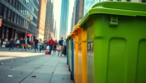 Efficiently placed garbage removal bins facilitate waste management in urban settings.