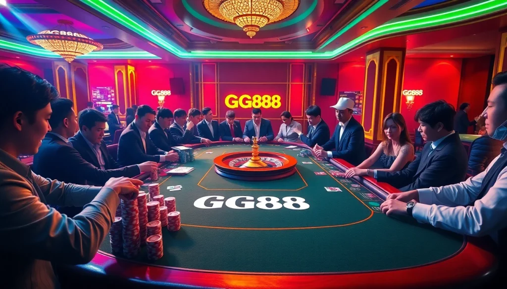 Excited players at a GG88 branded casino table engaged in vibrant gambling action.