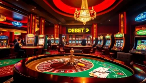 Experience the excitement of DEBET Casino with players engaging at roulette and card tables.
