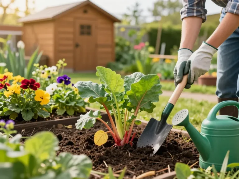 Gardener planting rabarber planten in a vibrant home garden setting with rich soil and colorful flowers.