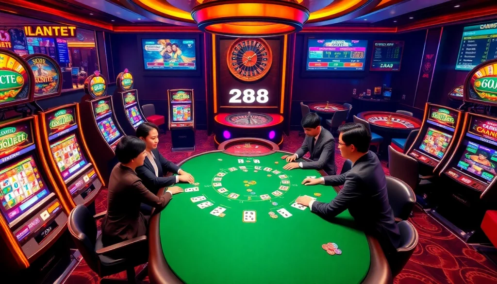 Players enjoy an exciting game of blackjack at 288T casino, surrounded by vibrant slot machines.