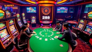 Players enjoy an exciting game of blackjack at 288T casino, surrounded by vibrant slot machines.