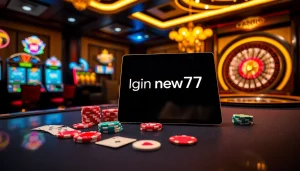 Engage in high-stakes gambling with login new77 at an elegant casino poker table surrounded by vibrant slot machines.