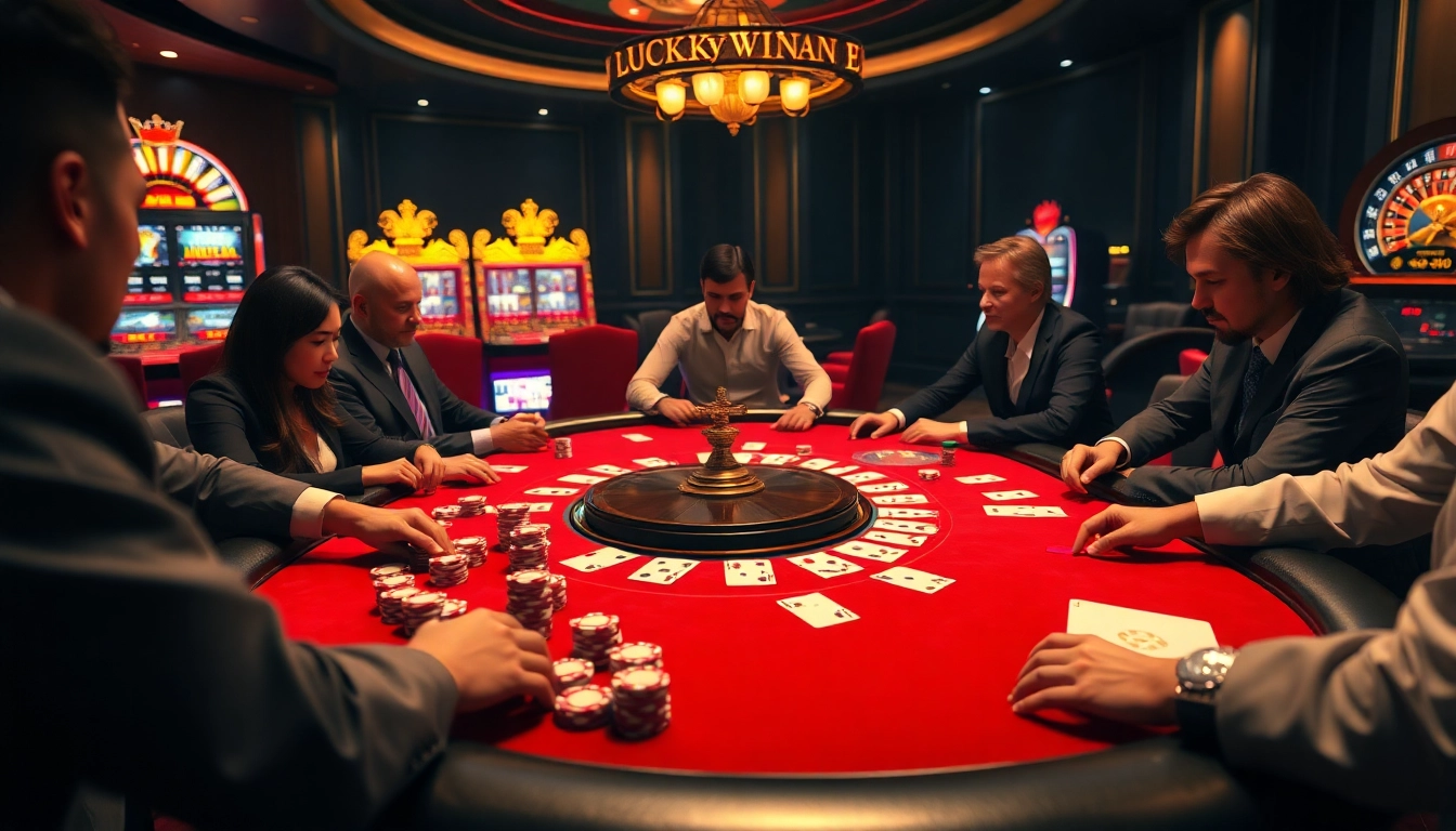 Players enjoying a thrilling poker game at LuckyWin Casino, showcasing vibrant casino elements.