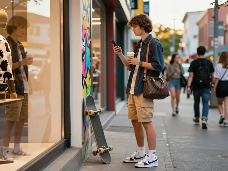 Fashionable individual exploring 레플리카 handbag in vibrant urban setting, showcasing modern street style.