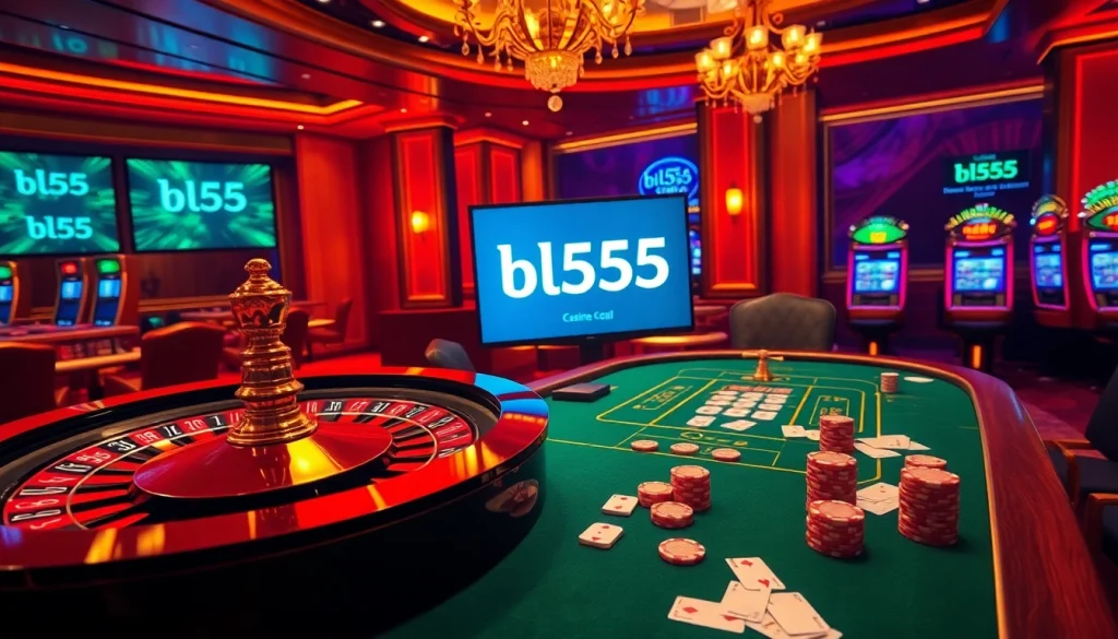 Exciting casino gaming scene featuring Bl555 table with poker chips and roulette wheel.