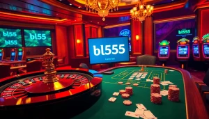 Exciting casino gaming scene featuring Bl555 table with poker chips and roulette wheel.