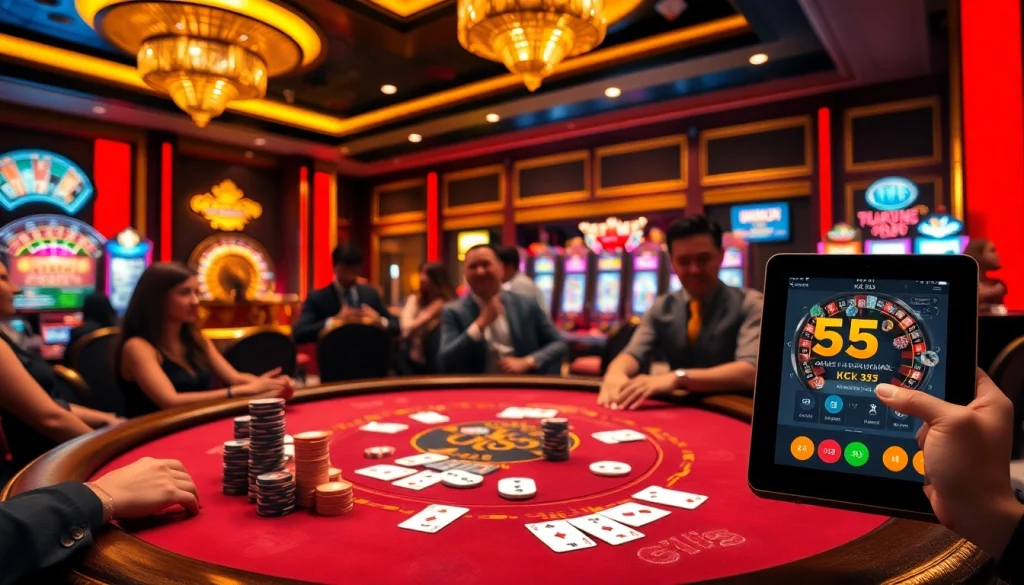 Play exciting games at KK55 casino, featuring glamorous card tables and vibrant slot machines.