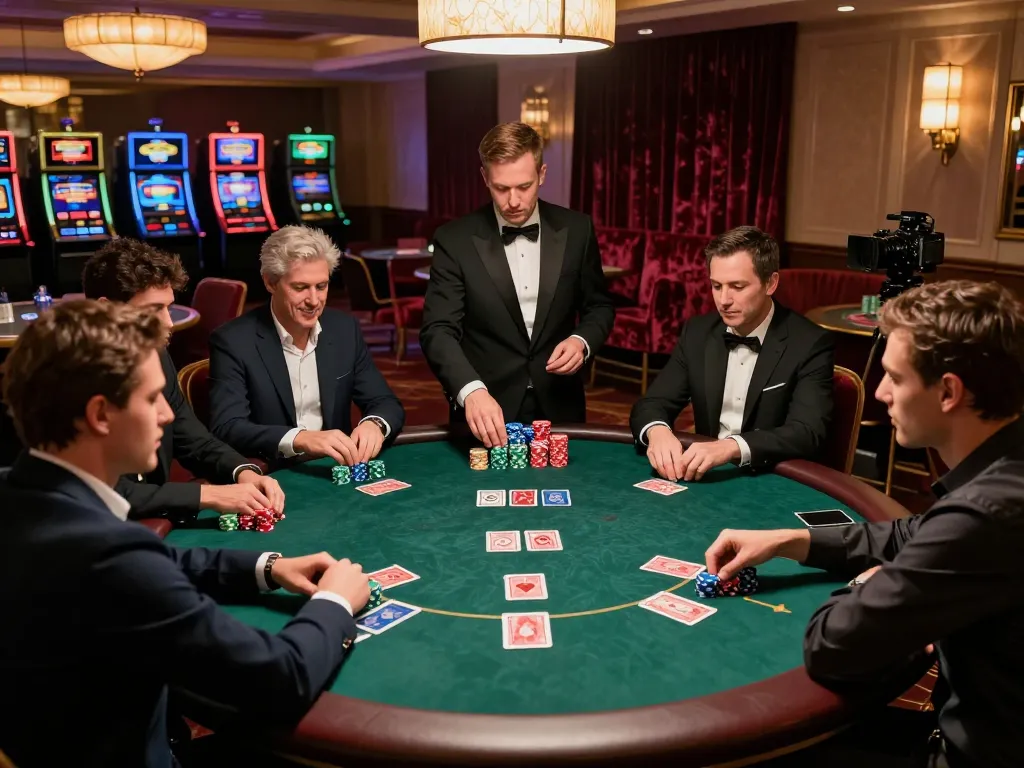 Play thrilling poker featuring link slot gacor games, showcasing strategic gameplay at a vibrant casino table.