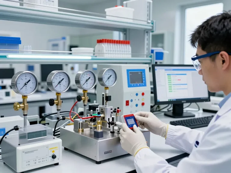 Technician calibrating Endress Hauser flow meter in modern lab with advanced measurement tools.