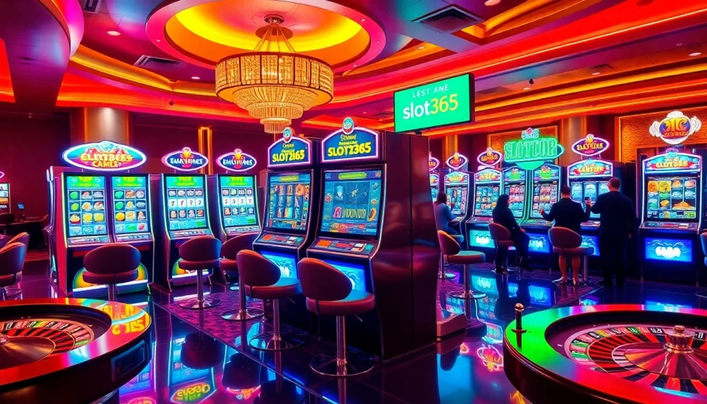 Players enjoying engaging slot365 machines in a vibrant casino atmosphere, highlighting excitement and luxury.