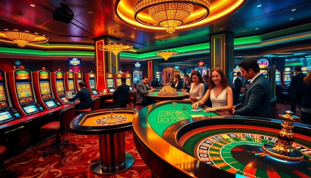 Exciting gaming atmosphere at Hi88 Casino with vibrant slot machines and lively betting tables.