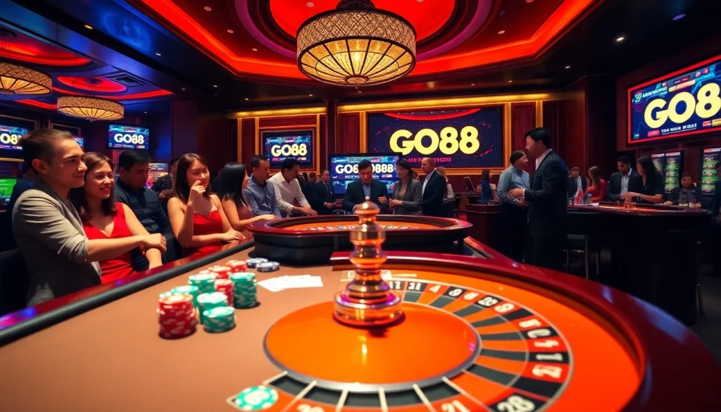 GO88 gaming table with vibrant poker chips and a roulette wheel, capturing the energy of the casino.
