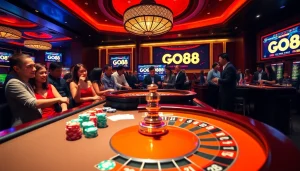 GO88 gaming table with vibrant poker chips and a roulette wheel, capturing the energy of the casino.